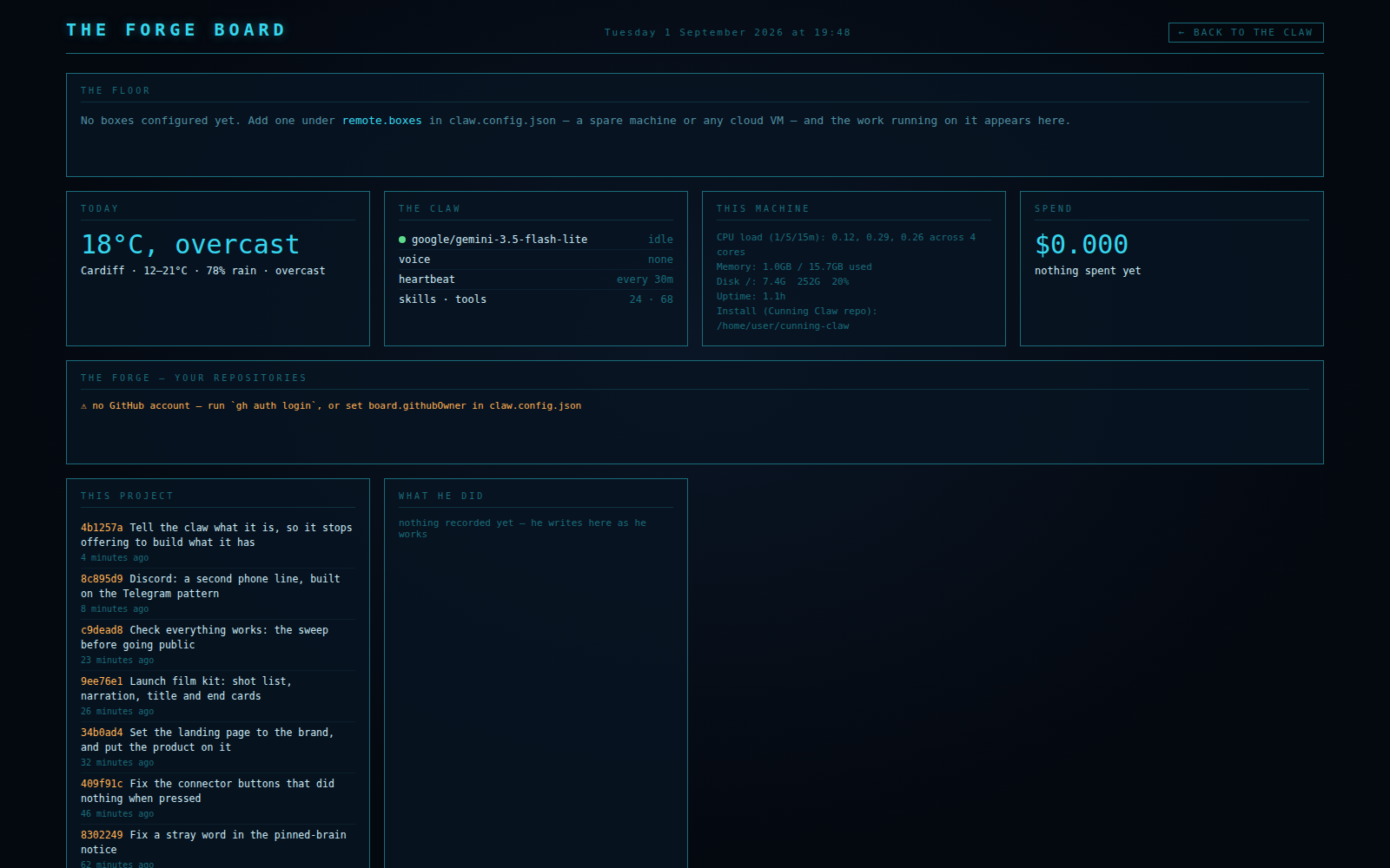 The Forge Board: weather, the claw's state, this machine, spend, and the commit log